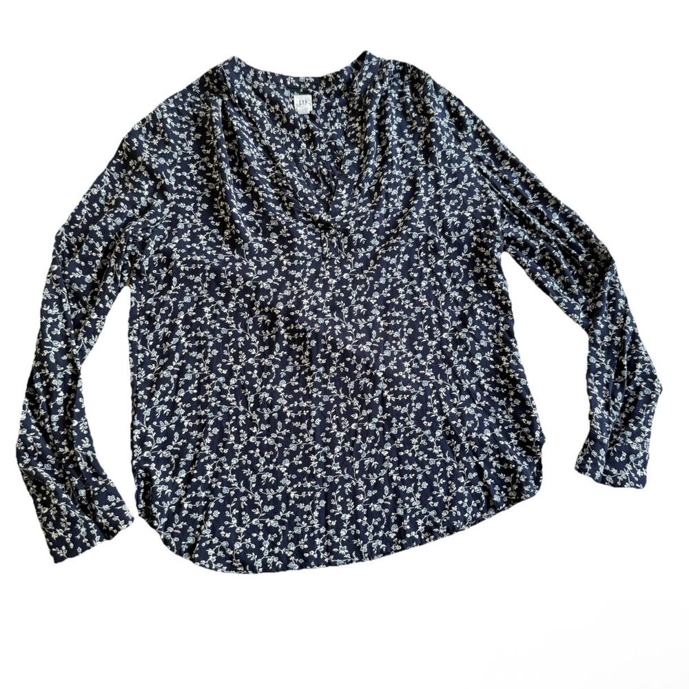 Gap Women's Size Small Long Sleeve Drapey Vine Blue Floral Blouse